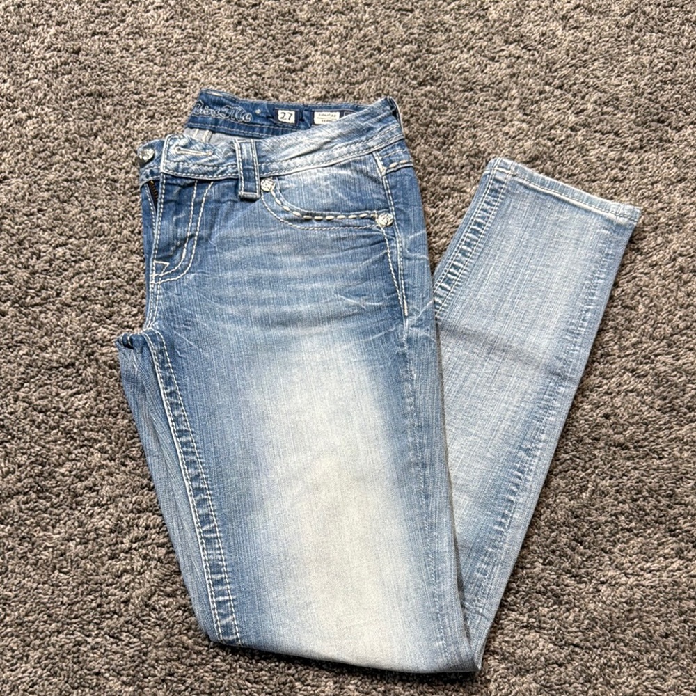 Miss Me Blue Skinny Jeans with Light Vintage Wash